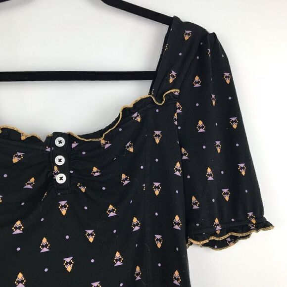 Free People Black Boho Peasant Blouse with Geometric Floral Print - Picture 3 of 10